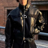 Veste en cuir PU noir à col montant