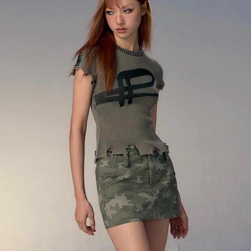 Grunge Y2K Distressed Knitted Women's Top