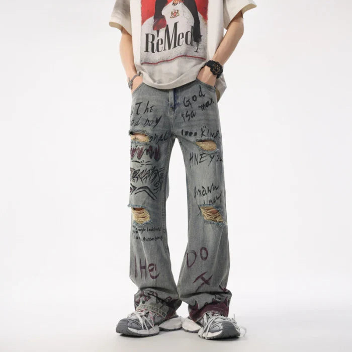 Sporty Edge Graffiti Loose Straight Retro Jeans