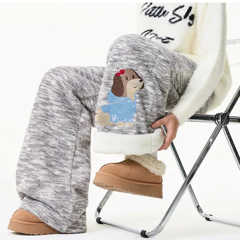 Winter Embroidery Cartoon Pattern Elastic Sweatpants