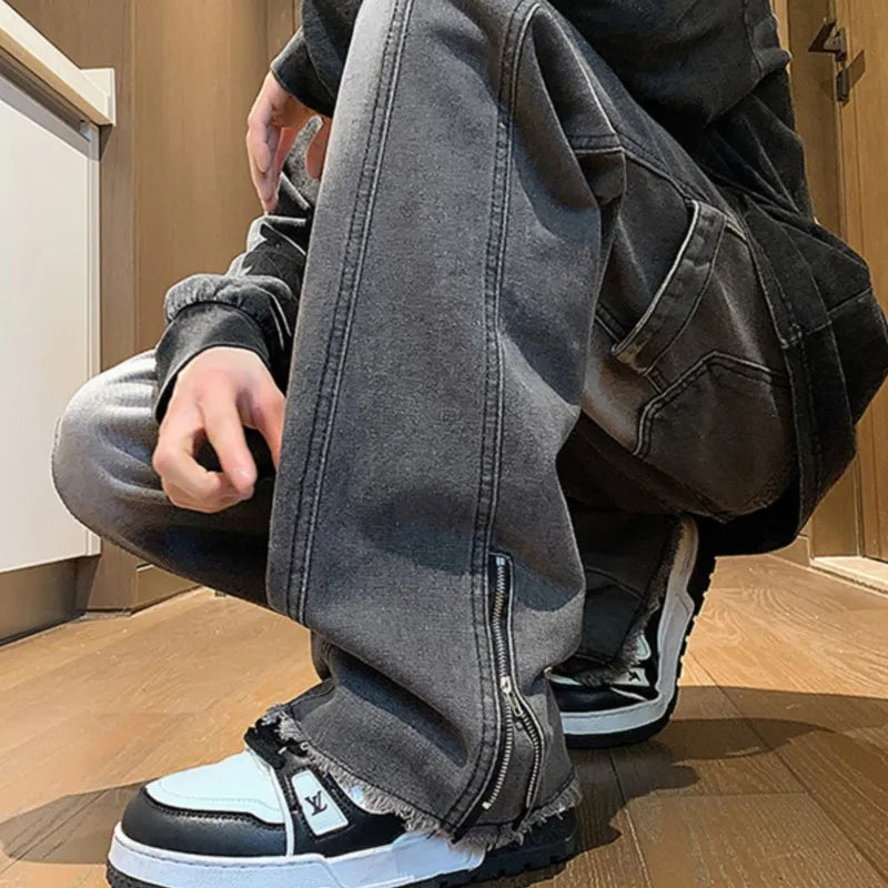 Jeans en denim zippés tendance streetwear pour hommes