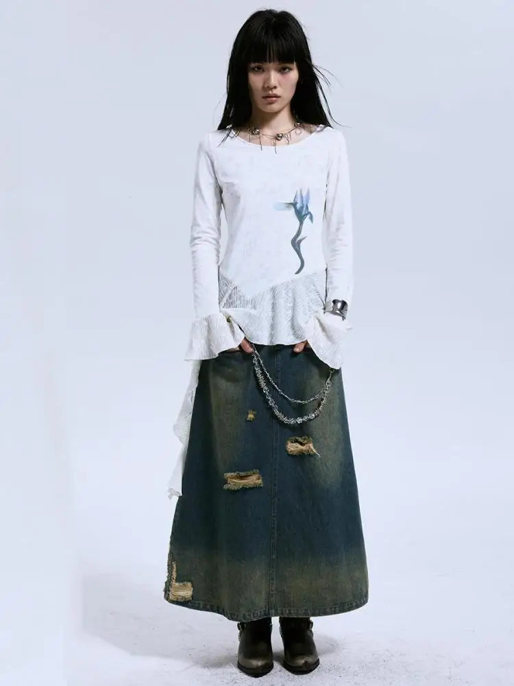 Yedinas Patchwork Gothic Graphic Long T-Shirt
