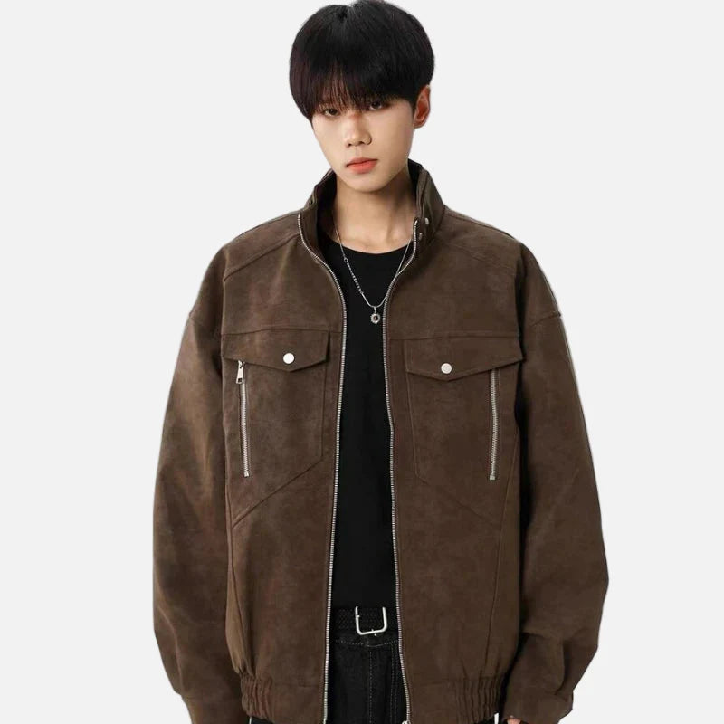 Solid Color Stand Collar Zipper Jacket
