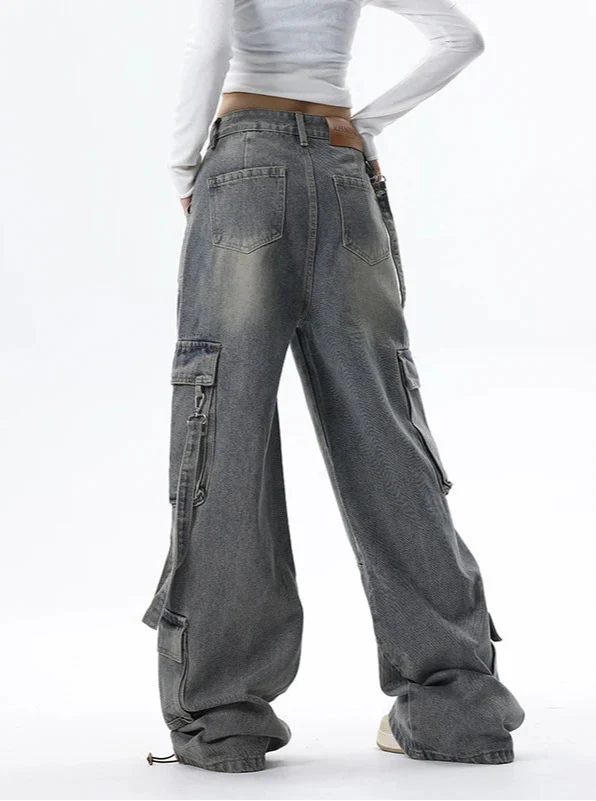Damen Graue High Waist Weites Bein Blaue Baggy Jeans