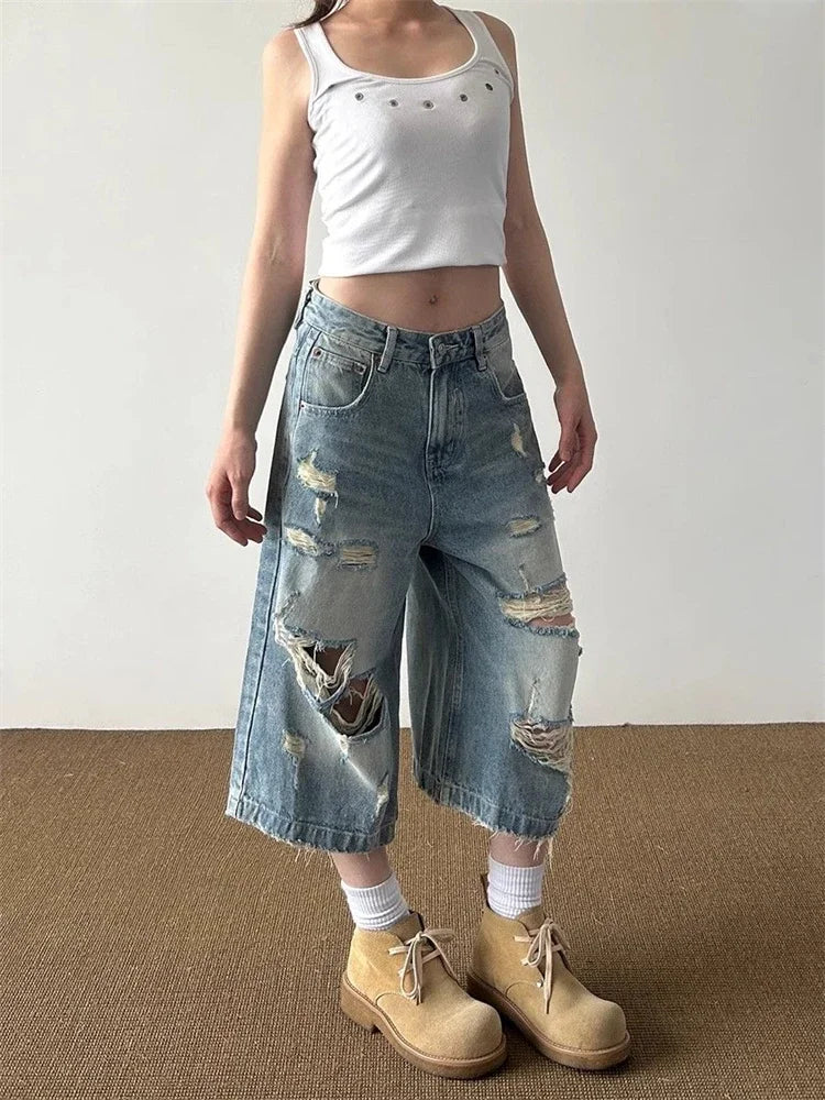 Streetwear Comfort Distressed Wide Leg Denim Jorts