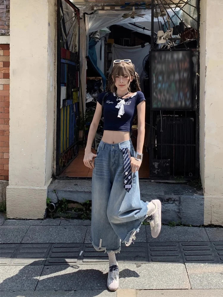 Y2K Patchwork Tie Distressed Denim Jorts