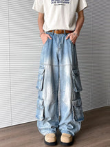 Raw Hem Realness Washed Blue Baggy Cargo Jeans