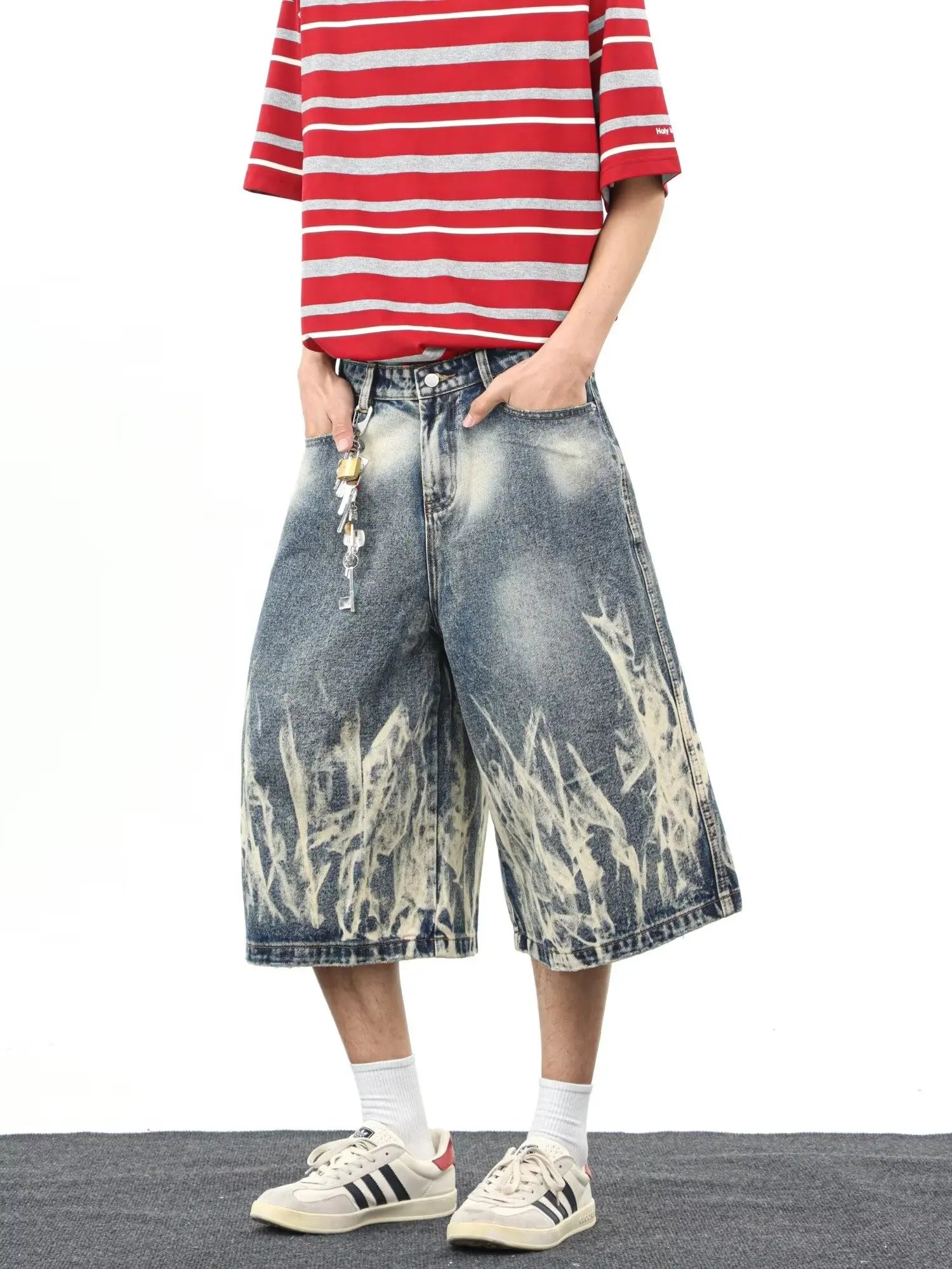 Streetwear Comfort Flame Wash Wide Leg Denim jorts
