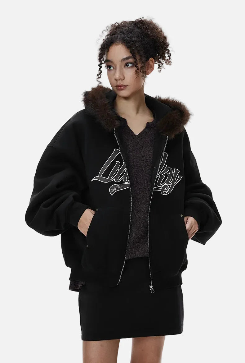 Cozy Embroidered Faux Fur Collar Hooded Sweatshirt