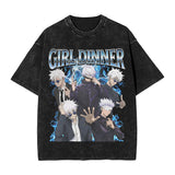 Anime Girl Dinner Print Washed T-Shirt