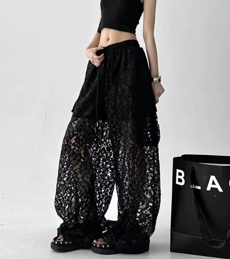 Women Solid Color Lace Hollow Wide Leg Pants
