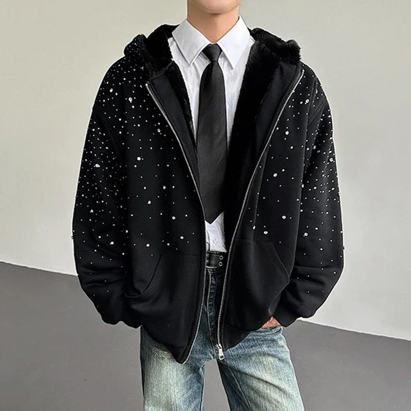 Diamond Patchwork Hooded Faux Fur Sweatshirt