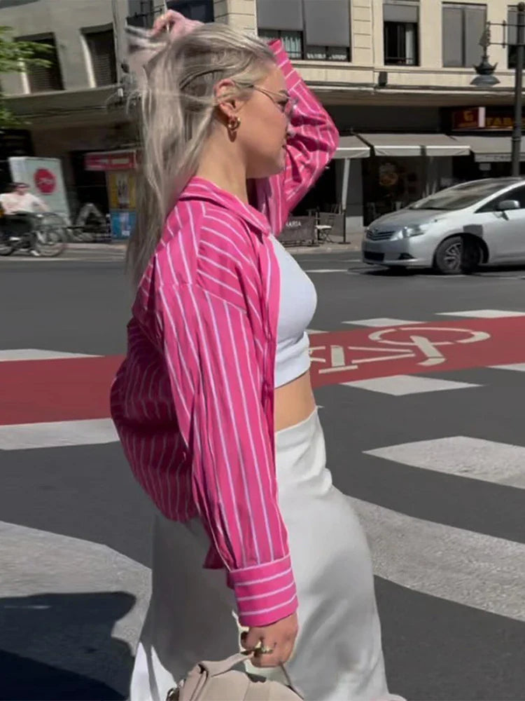 Chemise à manches longues rose rayée chic pour femme, style streetwear