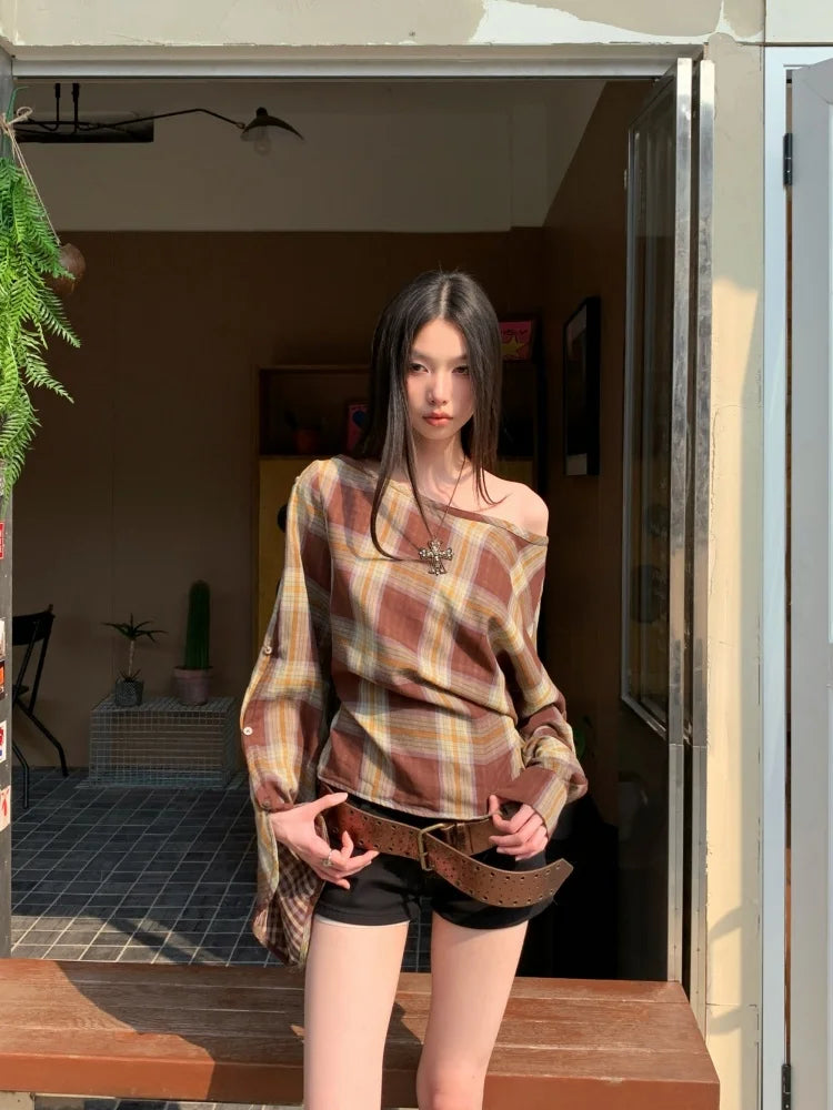 Vintage Off-Shoulder Plaid Bandage Top