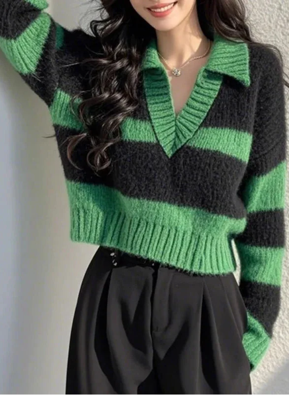 Vintage Green Striped Knitted Long Sleeve Sweater