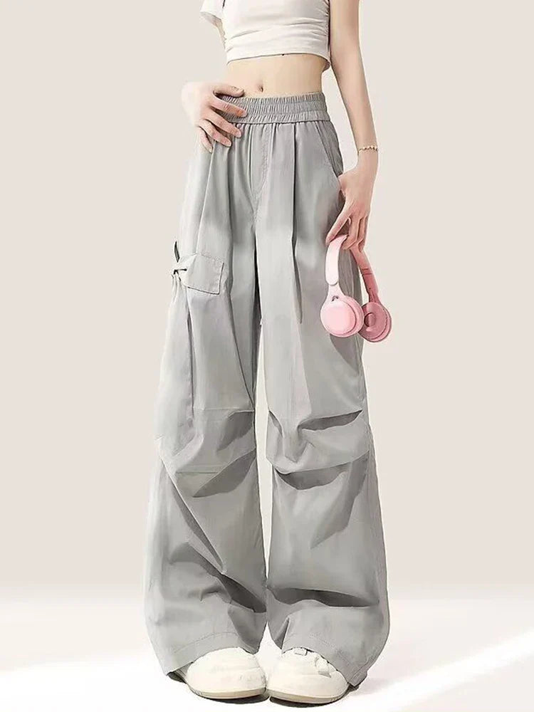 Women Vintage Casual Gray Bow Cargo Pants