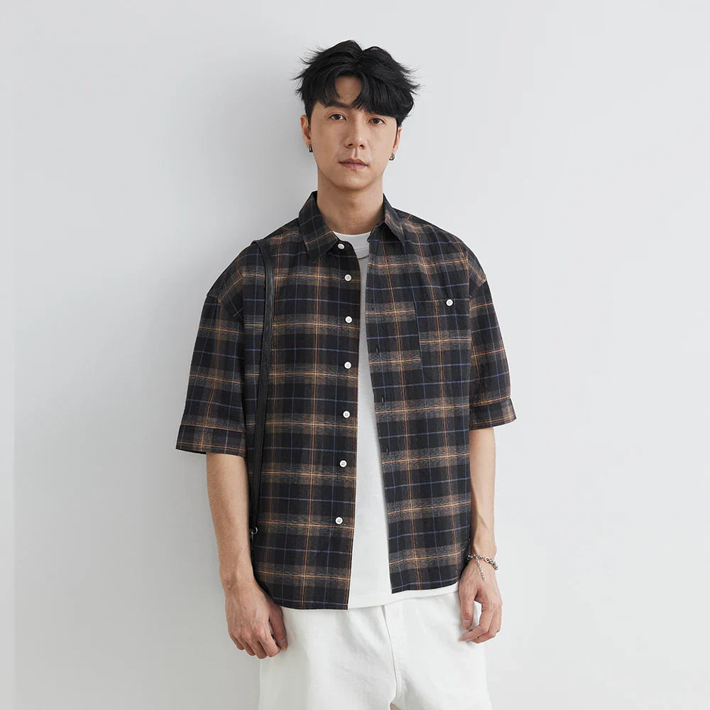 Chemise à carreaux oversize décontractée pour homme, col à revers, boutons