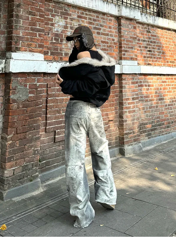 이모 스타일 루즈 워싱 와이드 레그 진