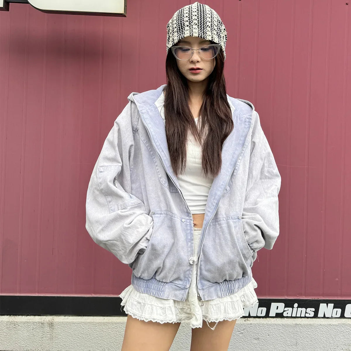 Retro American Style Washed Hooded Denim Jacket
