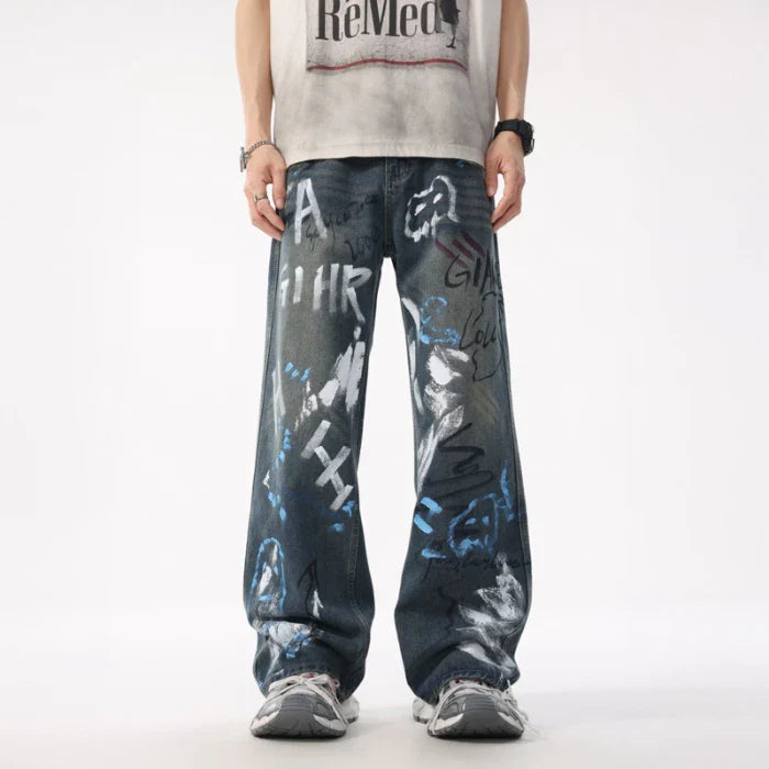 European Summer Tide Graffiti Loose Jeans
