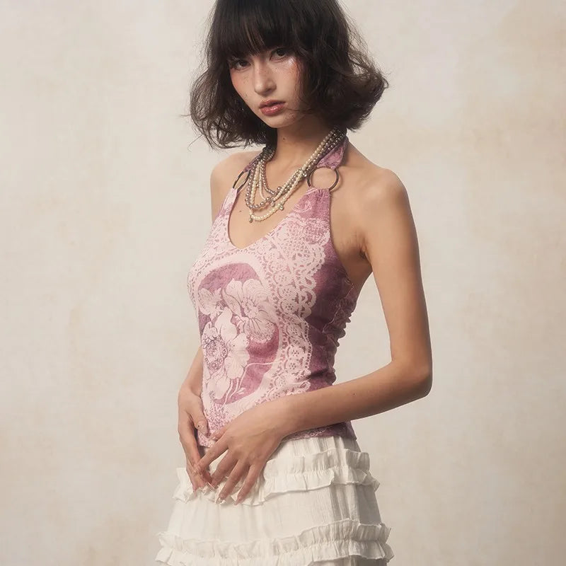 Grunge Y2K Flower Print Halter Women's Top