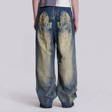 Vintage Wing Pattern Baggy Wide Leg Jeans