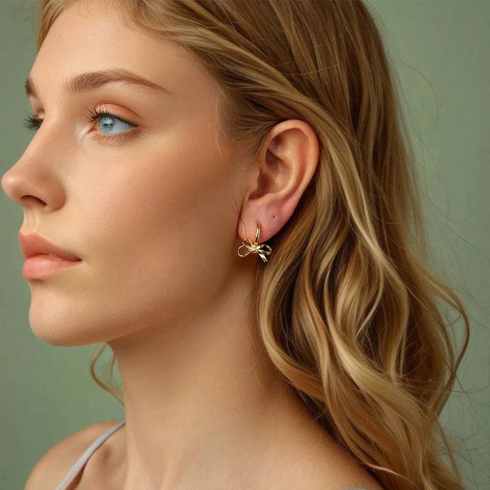 Women Gold Bowknot Hoop Sterling Silver Earrings