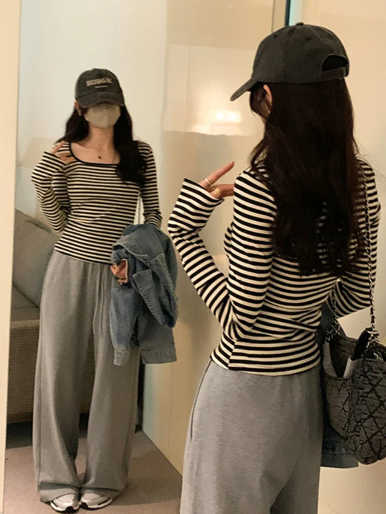 슬림핏 한국 스타일 컬러블록 티셔츠