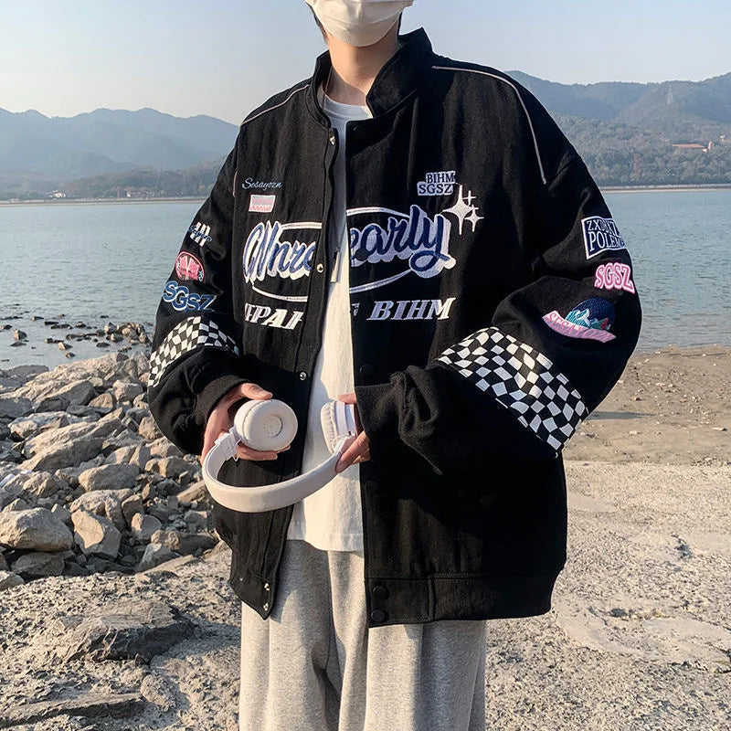 Veste de pilote vintage brodée à carreaux Y2K
