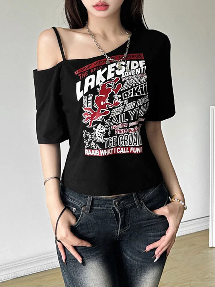 Y2k Off-shoulder Mythic Crusade T-Shirt