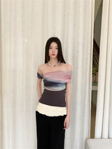 Damen-T-Shirt aus Mesh mit Batikmuster und schulterfreiem Ausschnitt