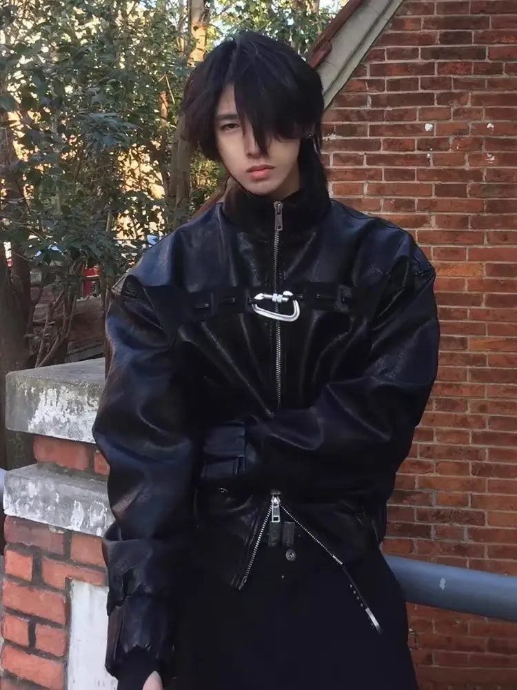 Veste en cuir PU noir à col montant