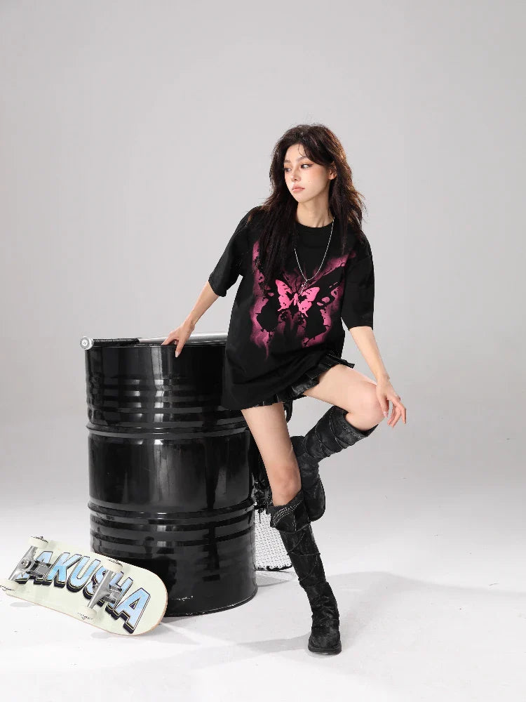 Women Streetwear Butterfly Print Loose Fit T-Shirt