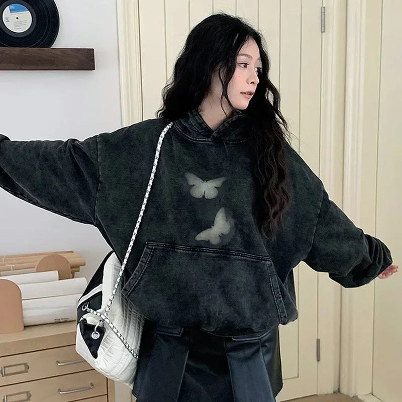 Butterfly Print Washed Black Oversized Hoodie