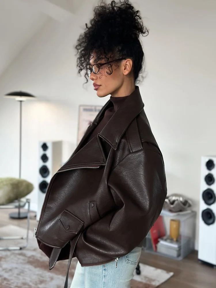 Solid Color Lapel Lace-Up Leather Jacket