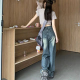 Street Denim Blue Loose Hole High Waist Jeans