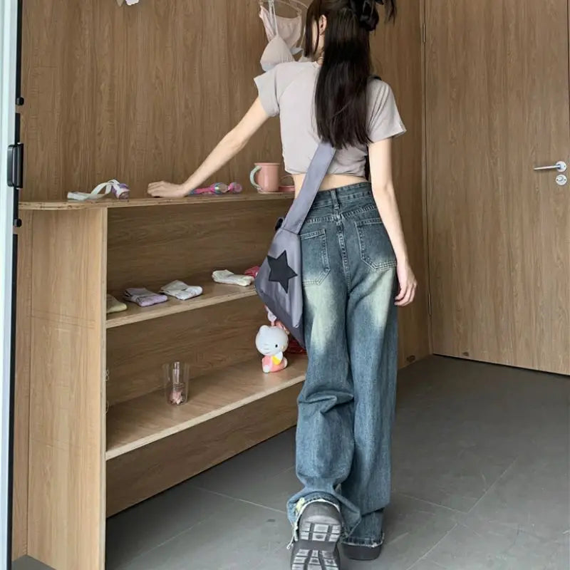 스트릿 데님 블루 루즈핏 구멍 하이웨스트 진