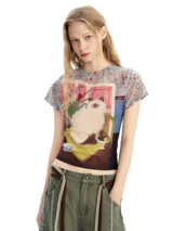 Y2K Cat Graphic Mesh Crop Top