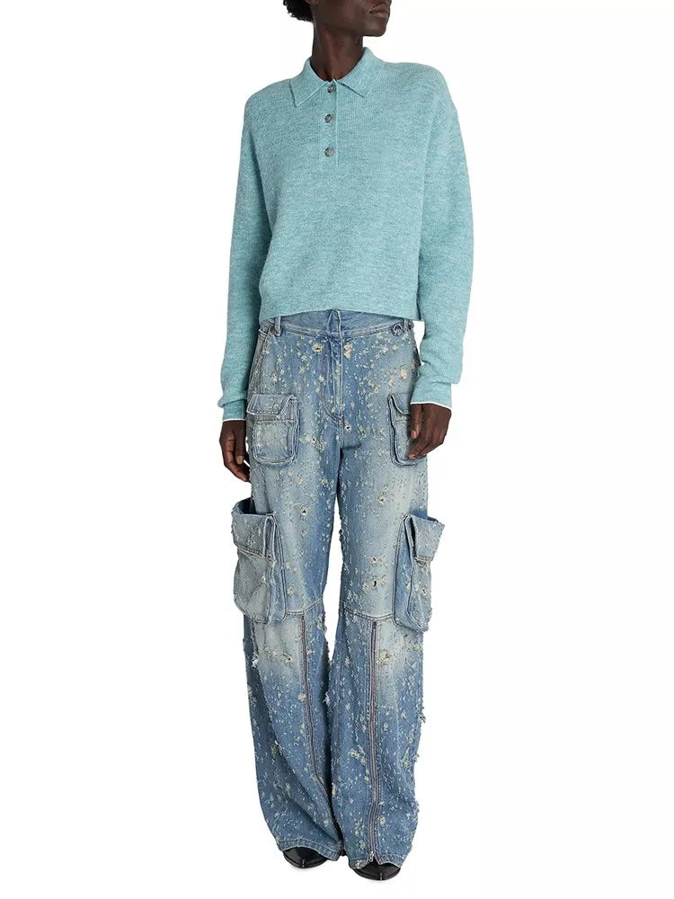 Midnight High Waist Patchwork Denim Cargo Jeans