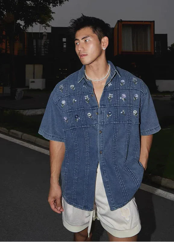 Chemise en jean brodée à manches courtes pour homme