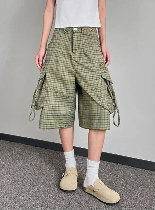 Bequeme Cargo-Shorts aus Denim mit hohem Bund und kariertem Y2K-Muster