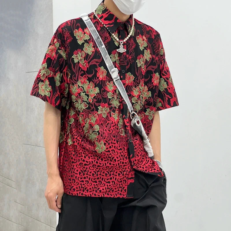 Herrenhemd im koreanischen Stil mit Blumenmuster und Reverskragen