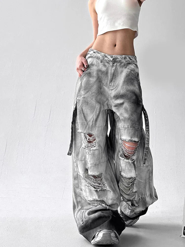 Y2K Streetwear High Waist Wide Leg Ripped Jeans