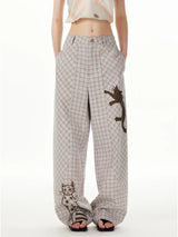 Bequeme Retro-Jogginghose mit Karomuster und Katzenprint