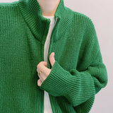 Y2K Grüner Strickpullover mit Kragen und Reißverschluss