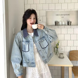 Women Retro Grid Splicing Denim Jacket