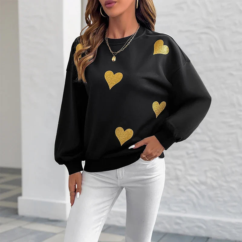 Women Cozy Heart Print Loose Sweatshirt