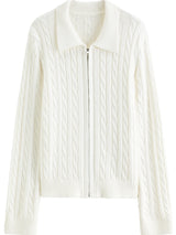 Soft Waxy Knitted Turn-Down Collar Zipper Cardigan
