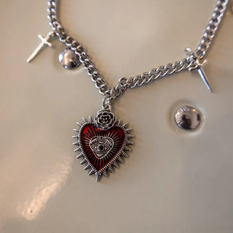 Gothic Peach Heart Cross Pendant Necklace