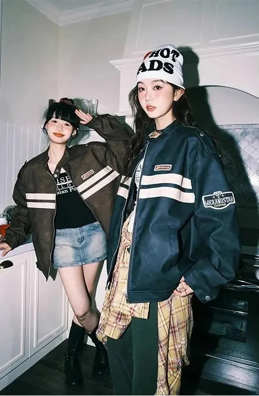 Streetwear Y2K Colorful Retro Striped Leather Jacket